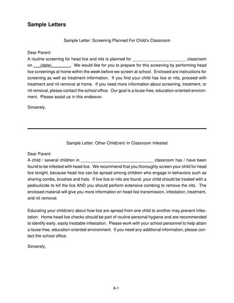 Sample Letter To Parents Template - About Head Lice printable pdf download